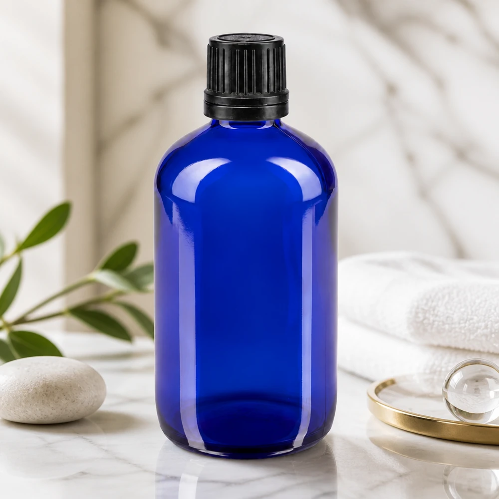 Frasco de farmácia GR azul cobalto de 100 ml com tampa original preta de 8 mm em vidro com proteção UV