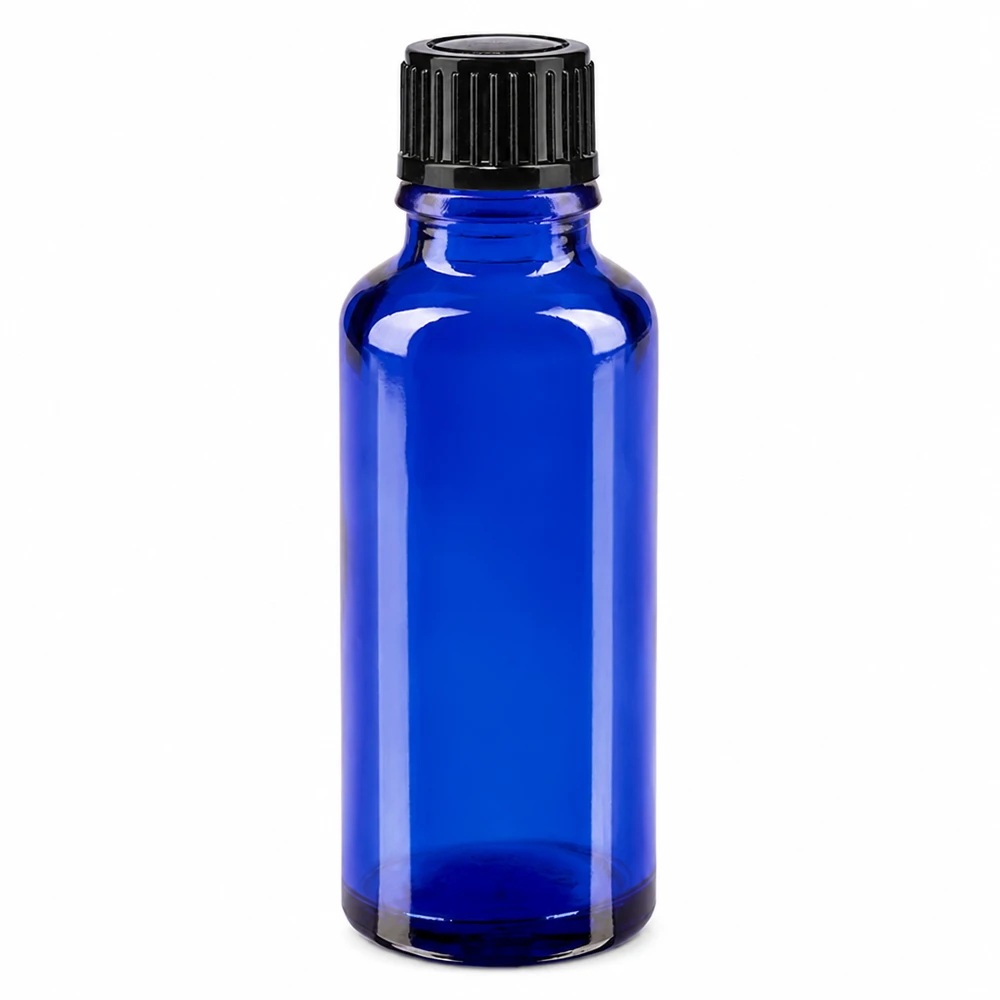Frasco de vidro azul de 30 ml com tampa conta-gotas preta, em vidro de farmácia STD de alta qualidade