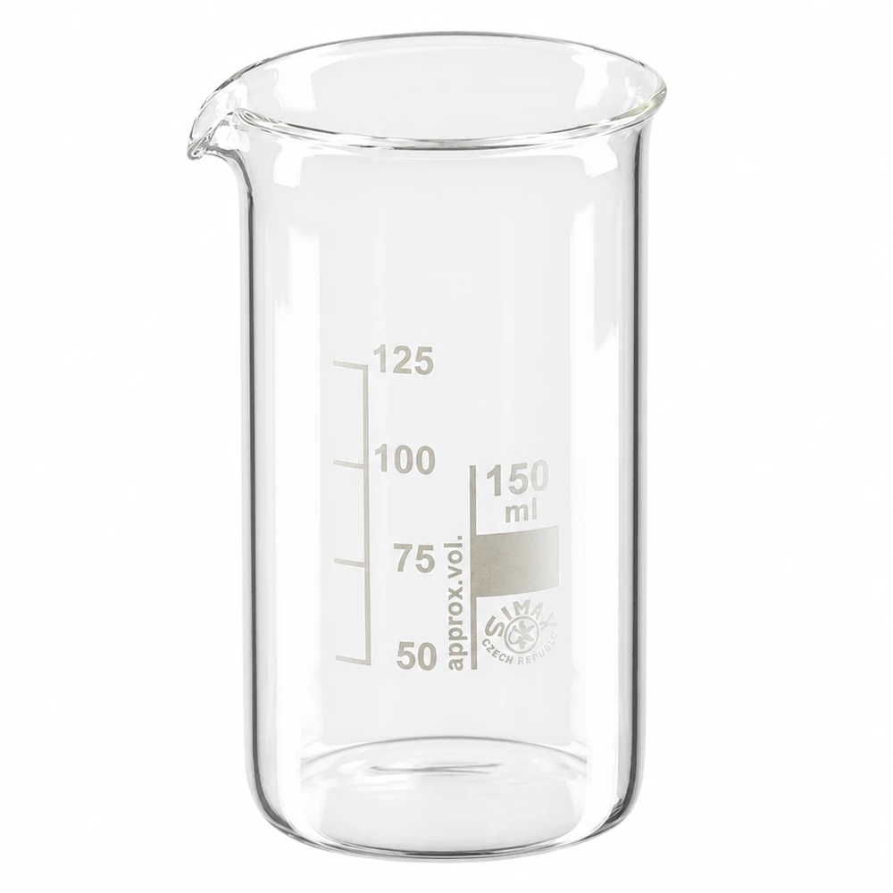 Copo de laboratório de 150 ml, de formato alto, em vidro borossilicato, com escala em mililitros e bico vertedor