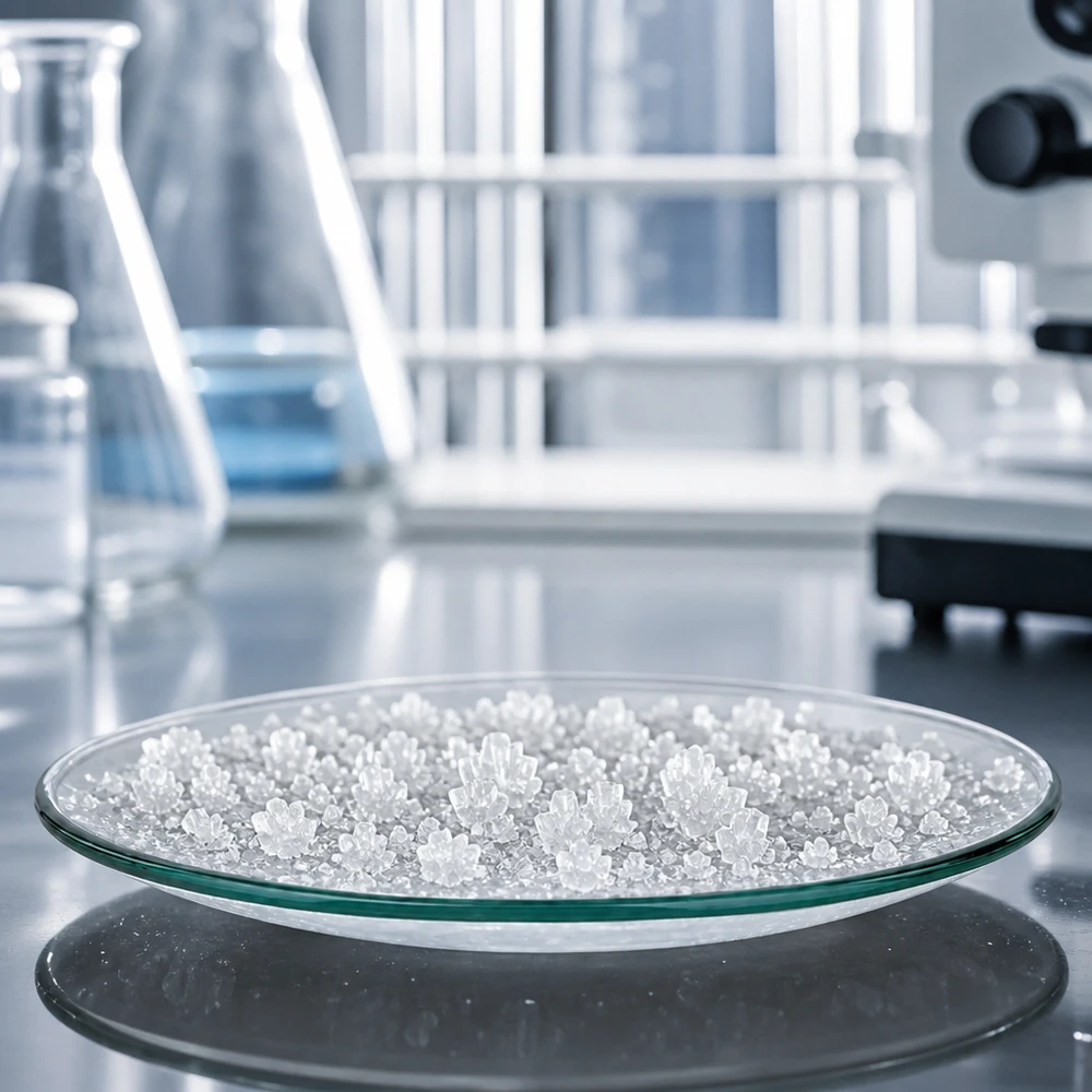 Taça redonda de vidro para relógios de 100 mm com cristais brancos numa superfície preta no laboratório