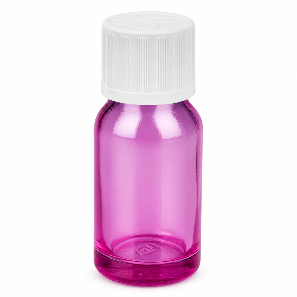 Frasco de 10 ml com tampa de rosca de 11 mm branca padrão resistente a crianças PurpleLine UT18/10 Frasco de vidro de 10 ml em violeta com tampa de rosca branca para óleos essenciais e cosméticos