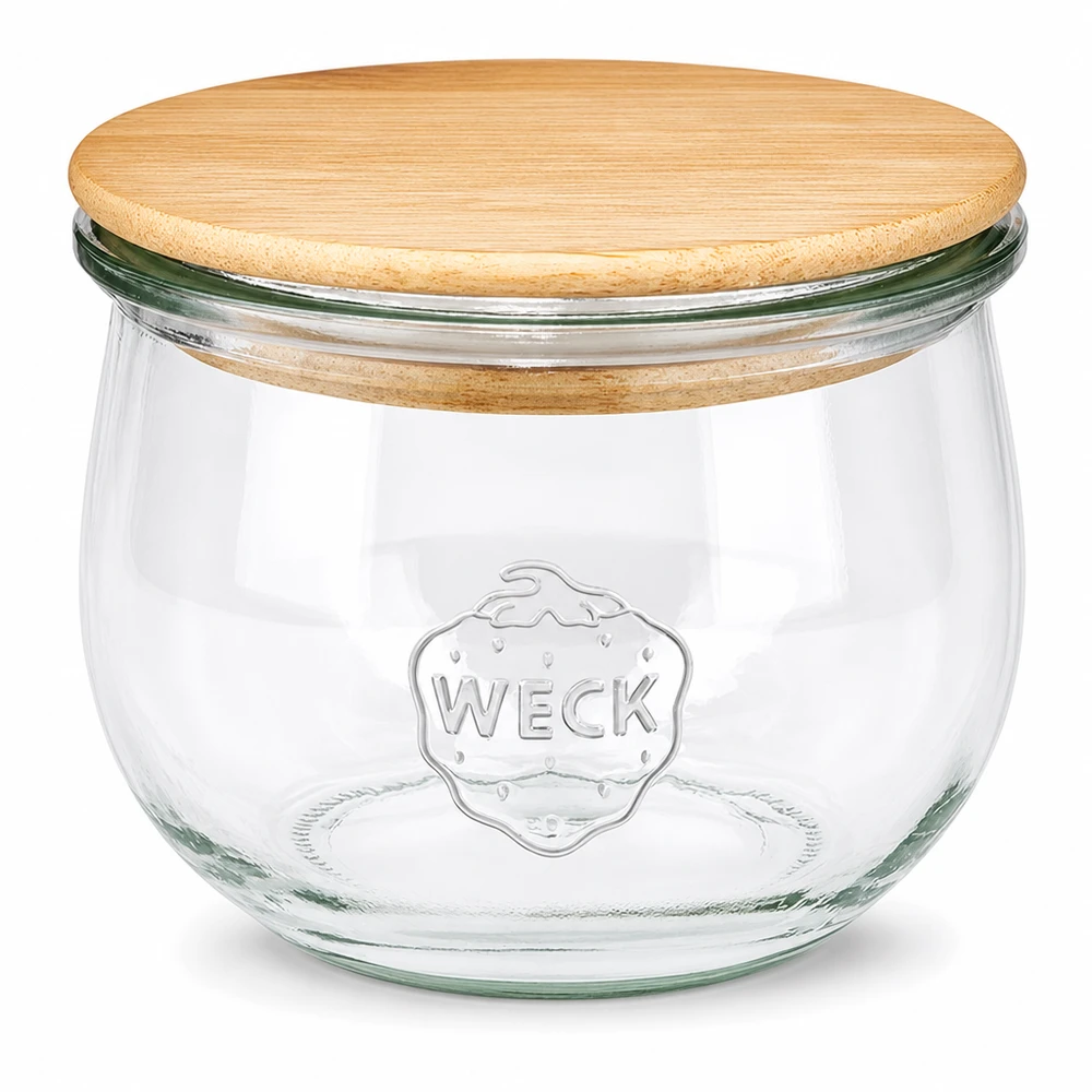 Frasco de tulipas WECK 580ml RR100 com tampa de madeira natural - frasco de armazenamento de vidro transparente com o logótipo WECK