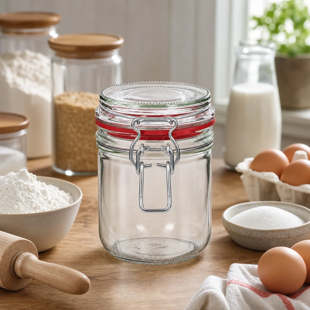 Frasco de armazenamento robusto de vidro transparente de 400 ml com tampa basculante para uma organização moderna da cozinha