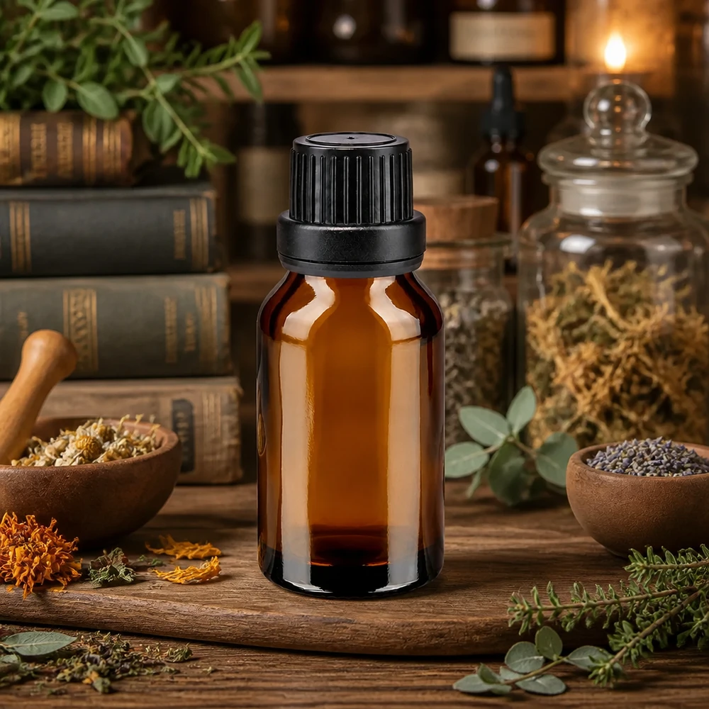 Frasco de farmácia castanho de 15 ml com tampa de rosca preta, rodeado por ervas medicinais secas e flores
