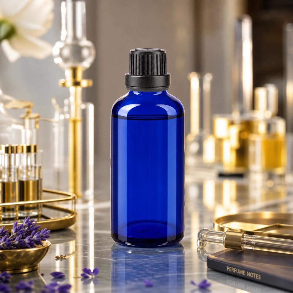Frasco de farmácia azul cobalto de 50 ml com tampa de rosca preta, sobre uma superfície de mármore num ambiente de laboratório