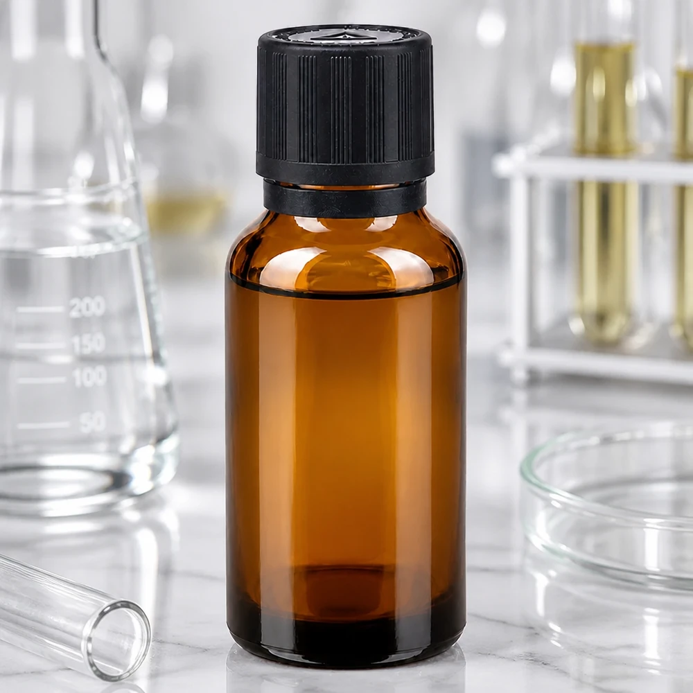 Frasco de farmácia castanho 20ml tampa do conta-gotas anel de vazamento 1mm preto fecho de segurança para crianças símbolo de aviso cego fecho inviolável Frasco conta-gotas de vidro castanho de 20 ml com tampa de rosca preta e material de vidro de laboratório ao fundo