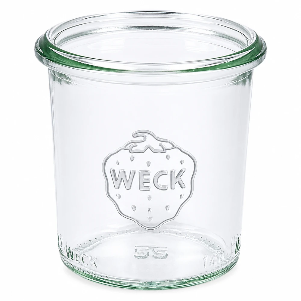 Copos de vidro de 140 ml WECK RR60 Frasco de vidro transparente WECK RR60 de 140 ml com o logótipo WECK e anel de vedação verde para conservação