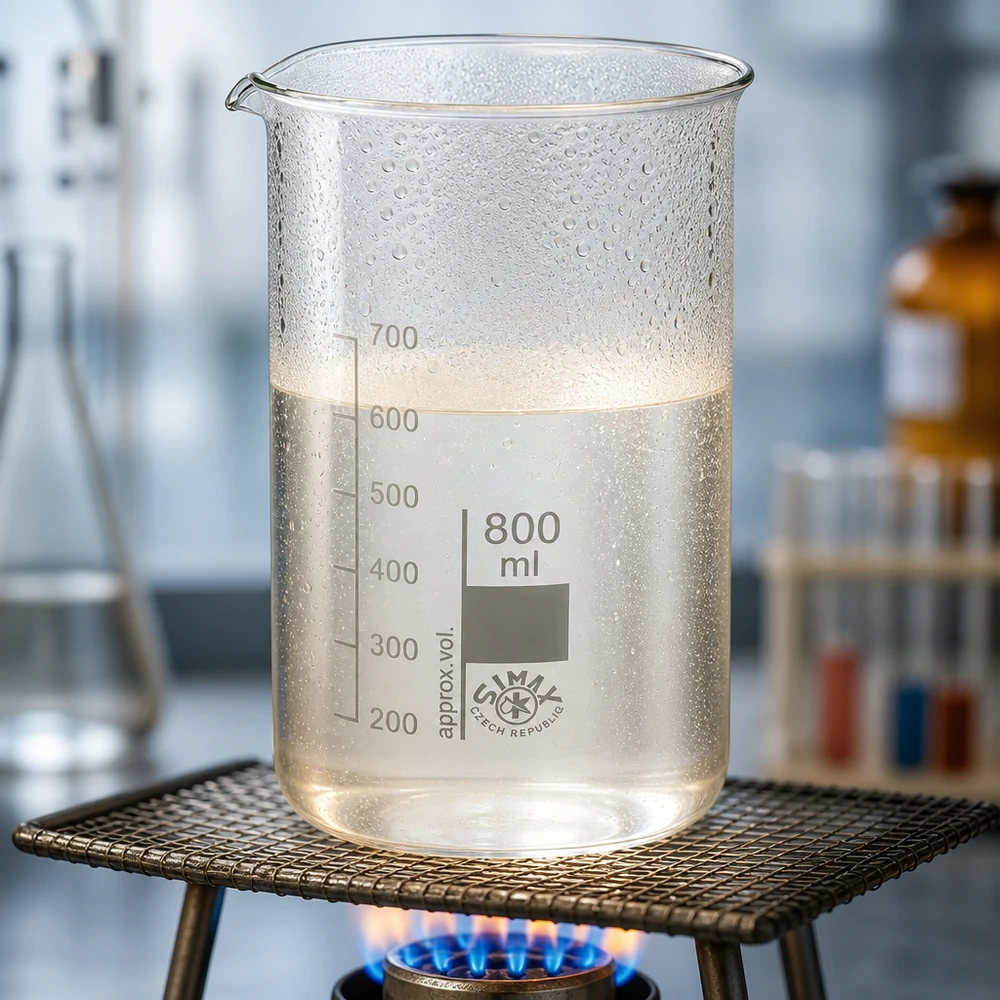 Vaso de precipitação de 800 ml, de formato alto, aquecido num bico de Bunsen com um líquido transparente até atingir um nível de 650 ml