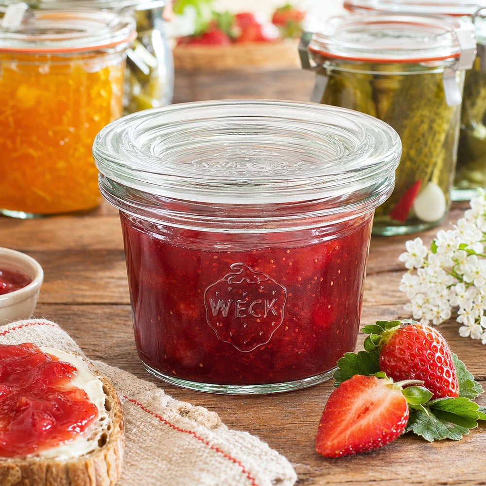 35ml Sturzglas mit Glasdeckel WECK RR40 Frasco WECK 35ml RR40 cheio de compota de morango vermelho ao lado de morangos frescos e pão de compota