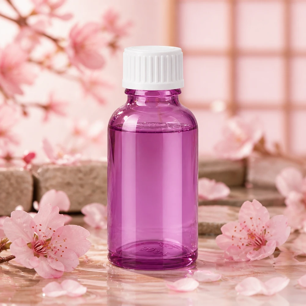 Frasco de vidro de 30 ml transparente púrpura com tampa branca para perfume e essências