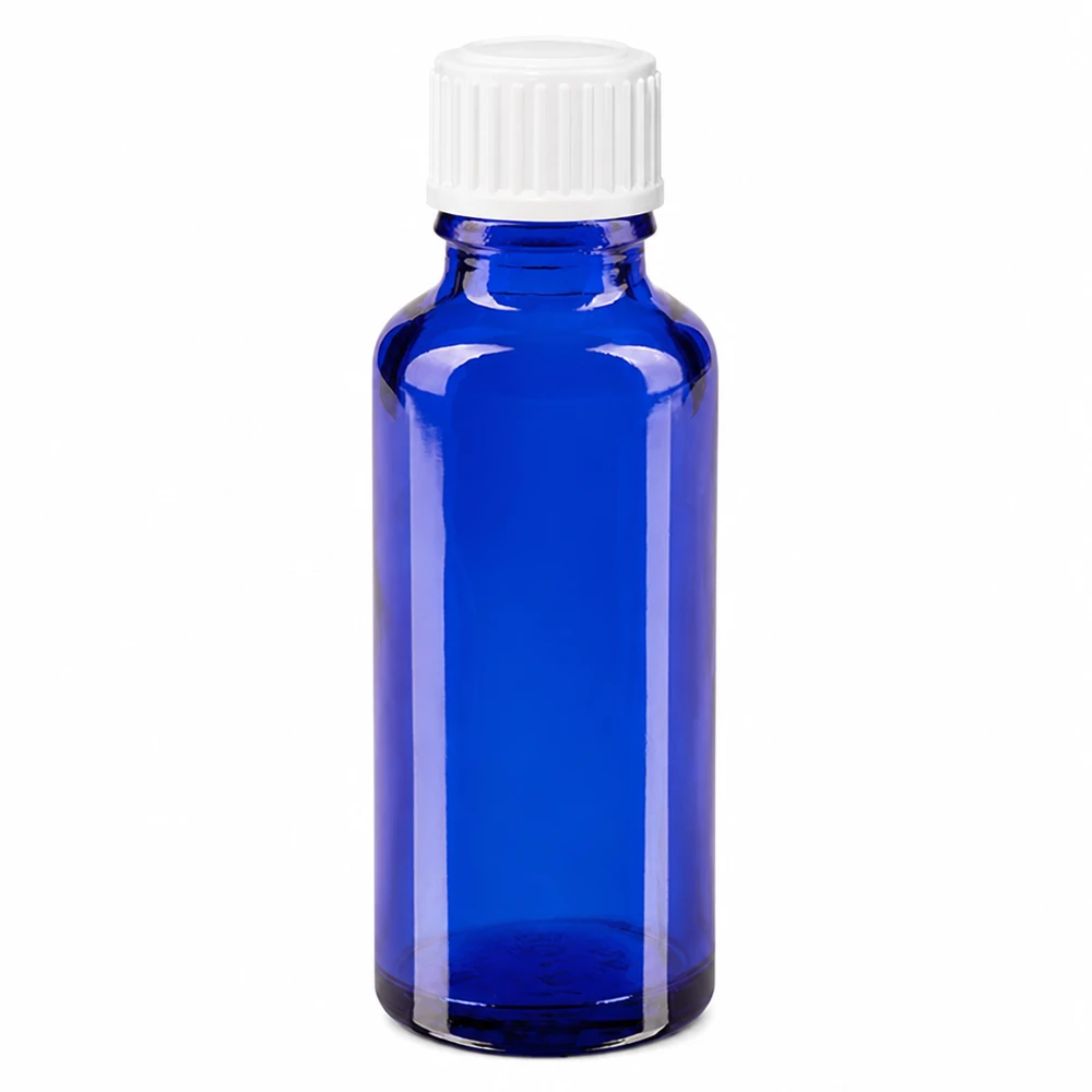 Frasco de vidro azul de farmácia com 30 ml e tampa conta-gotas branca de 3 mm para farmácia e cosmética