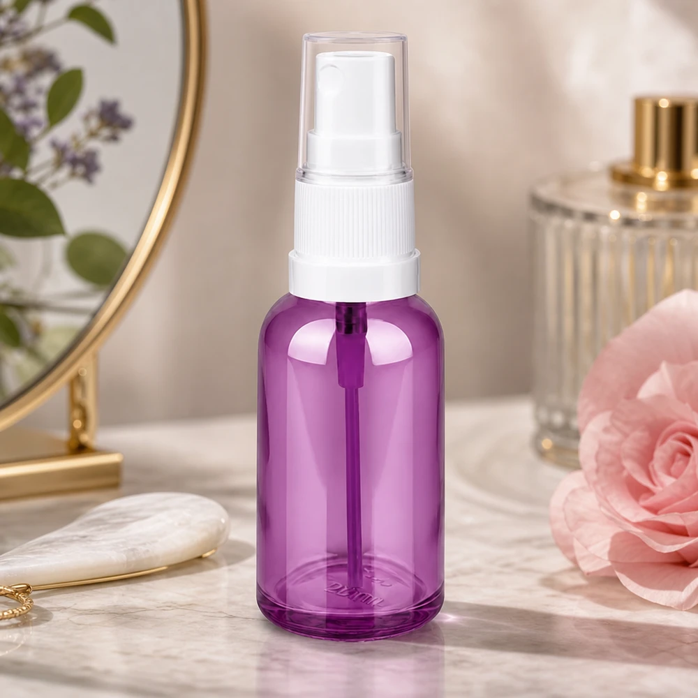 Frasco de spray de 30 ml branco/transparente Standard PurpleLine UT18/30 Frasco de spray roxo transparente de 30 ml com cabeça de spray branca para cosméticos DIY e aromaterapia