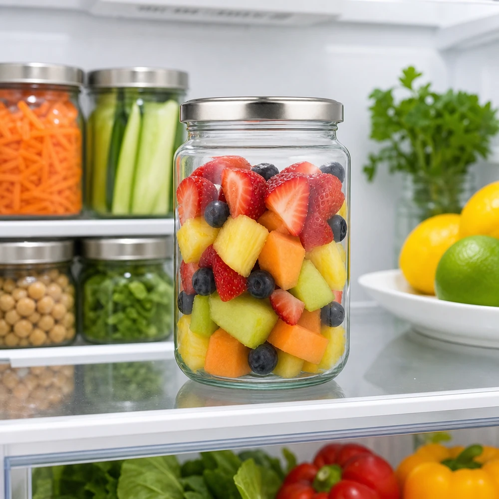 382ml Rundglas mit BasicSeal Deckel silber UNiTWIST Frasco redondo de 382 ml com tampa prateada cheio de salada de fruta no frigorífico Frasco de armazenamento para preparação de refeições
