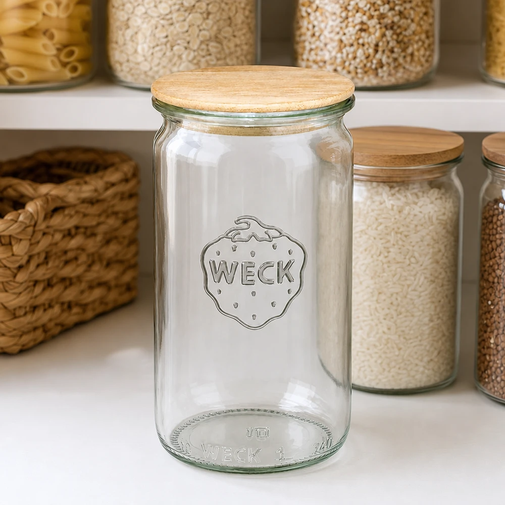 340ml Zylinderglas WECK RR60 mit Holzdeckel Frasco cilíndrico WECK 340ml RR60 vazio com tampa de madeira na cozinha de arrumação organizada entre frascos de arrumação cheios