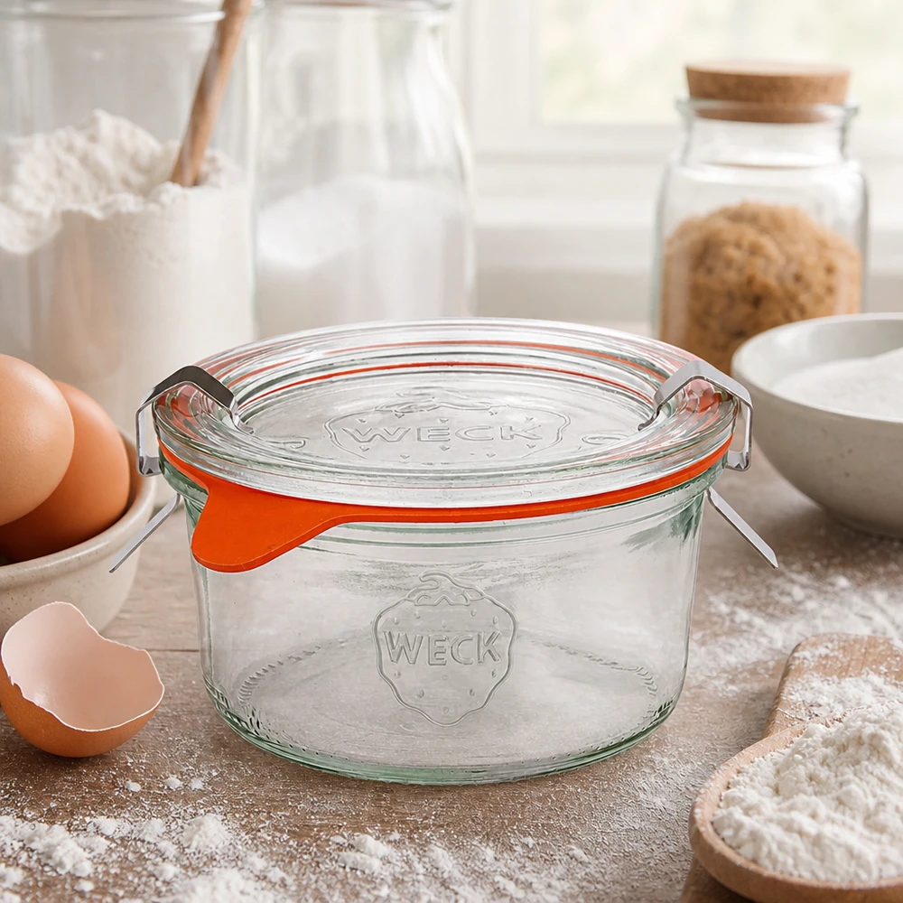 Copos de vidro de 165ml completos WECK RR80 Frasco de cozinha WECK 165ml RR80 com ingredientes de pastelaria, ovos, farinha e leite para receitas caseiras