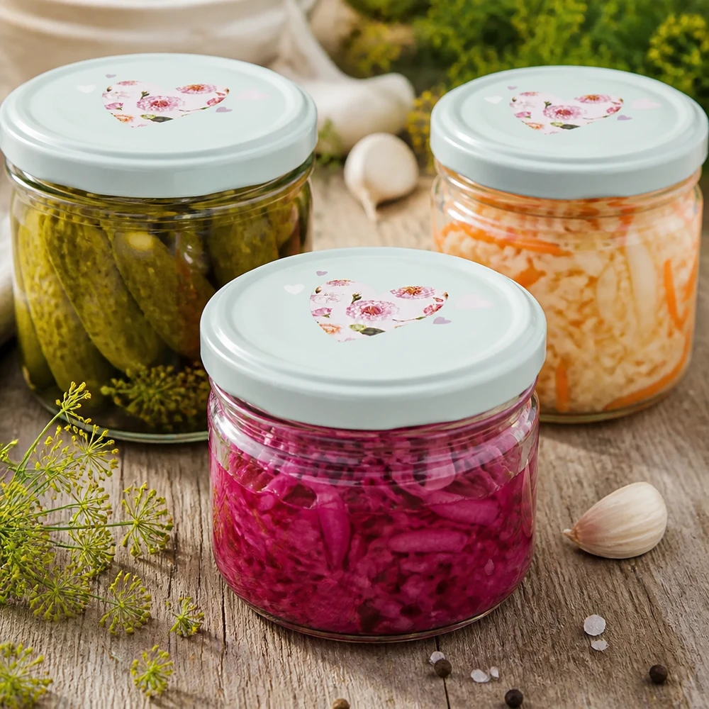 Copos de vidro de 225 ml + tampa BasicSeal coração menta UNiTWIST Frasco de 225 ml com tampa de coração de hortelã BasicSeal com pepinos em conserva, chucrute e cenouras para alimentos fermentados