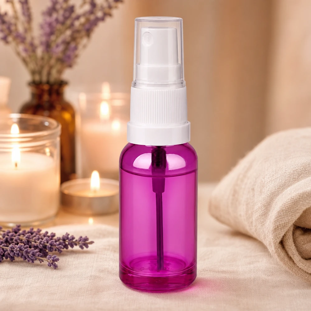 Frasco de spray de 20 ml branco/transparente Standard PurpleLine UT18/20 Frasco de spray compacto de 20 ml feito de plástico robusto em roxo transparente para uso diário