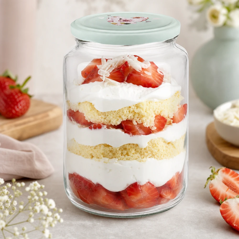 Frasco redondo de 795 ml com tampa em forma de coração de hortelã com sobremesa de morango num frasco com camadas de bolo e creme de frutos silvestres