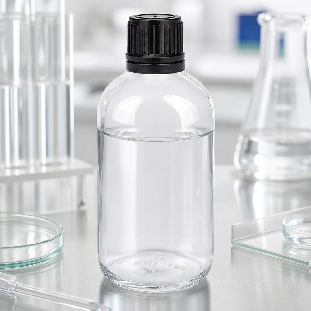 Frasco de 100ml (globule) 3mm anel de vazamento preto fecho padrão ClearLine UT18/1 Fotografia de laboratório de um frasco de vidro transparente de 100 ml com tampa de rosca preta, rodeado por equipamento de laboratório