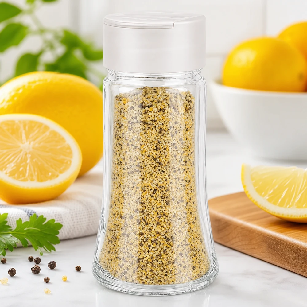 Pimenta com limão num frasco transparente para especiarias de 95 ml, com tampa branca dupla para espalhar, com limões frescos na imagem