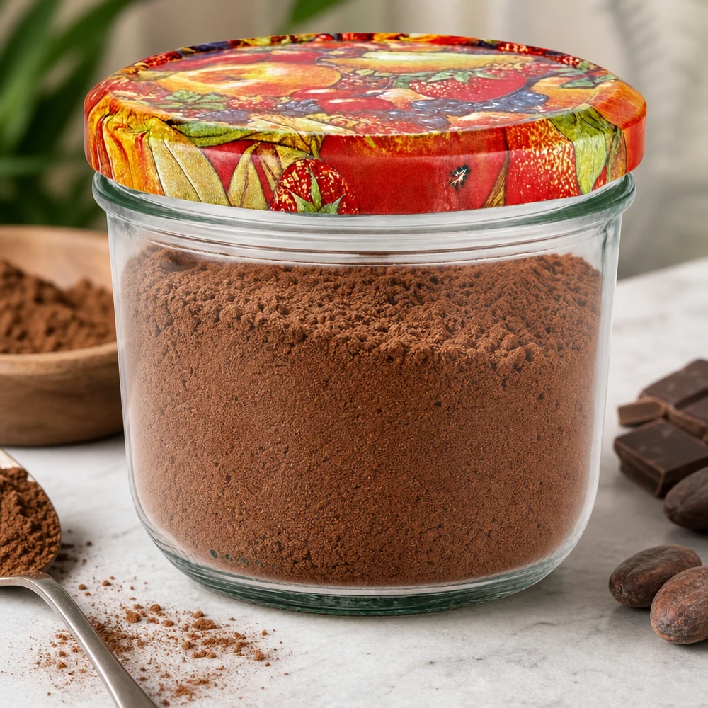 Copos de vidro de 230 ml + tampa BasicSeal decoração de fruta UNiTWIST Copos de 230 ml cheios de cacau em pó e tampa colorida com decoração de fruta BasicSeal rodeada de chocolate e cacau