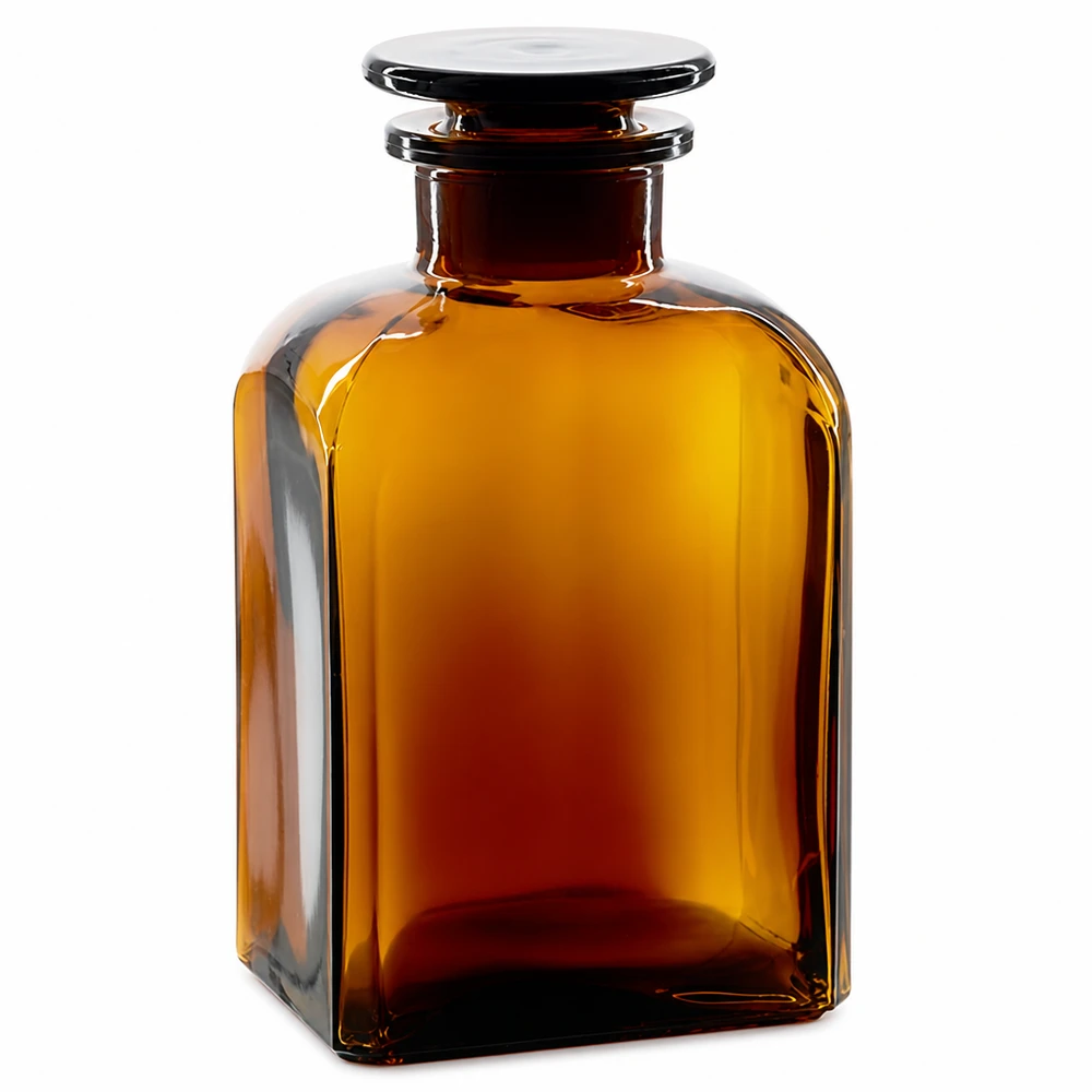 Frasco quadrado 500ml castanho com tampa de vidro de gargalo largo Garrafa quadrada de 500 ml, castanha, de gargalo largo, com rolha de vidro, fabricada em vidro de laboratório de alta qualidade