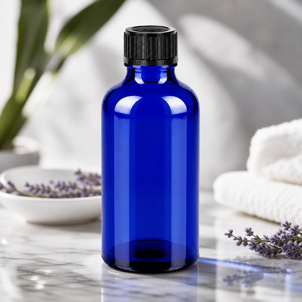 Frasco de farmácia de 50 ml em vidro azul-cobalto com proteção UV e tampa inviolável preta