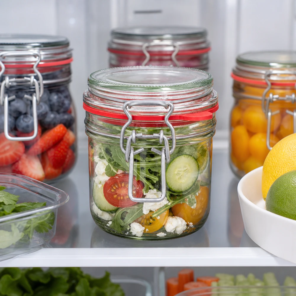 Frasco de conserva de 255 ml, tipo G, com tampa de fecho de alça UN.. 255ml Vorratsglas mit Bügelverschluss im Kühlschrank mit frischem Salat gefüllt neben anderen Meal-Prep-Gläsern