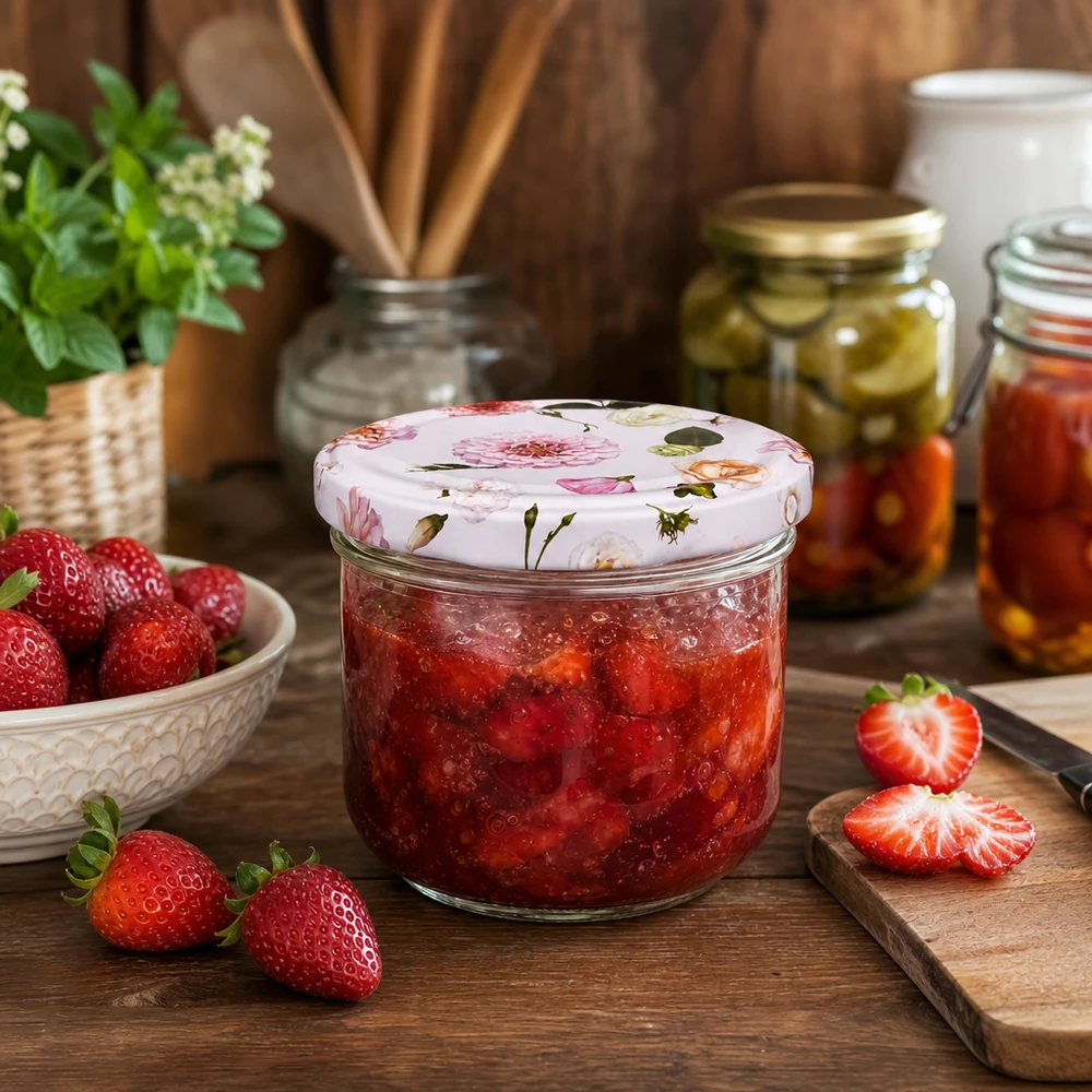 Frasco de conserva de 260 ml com tampa floral cheio de compota de morango - copos para compota e marmelada na cozinha
