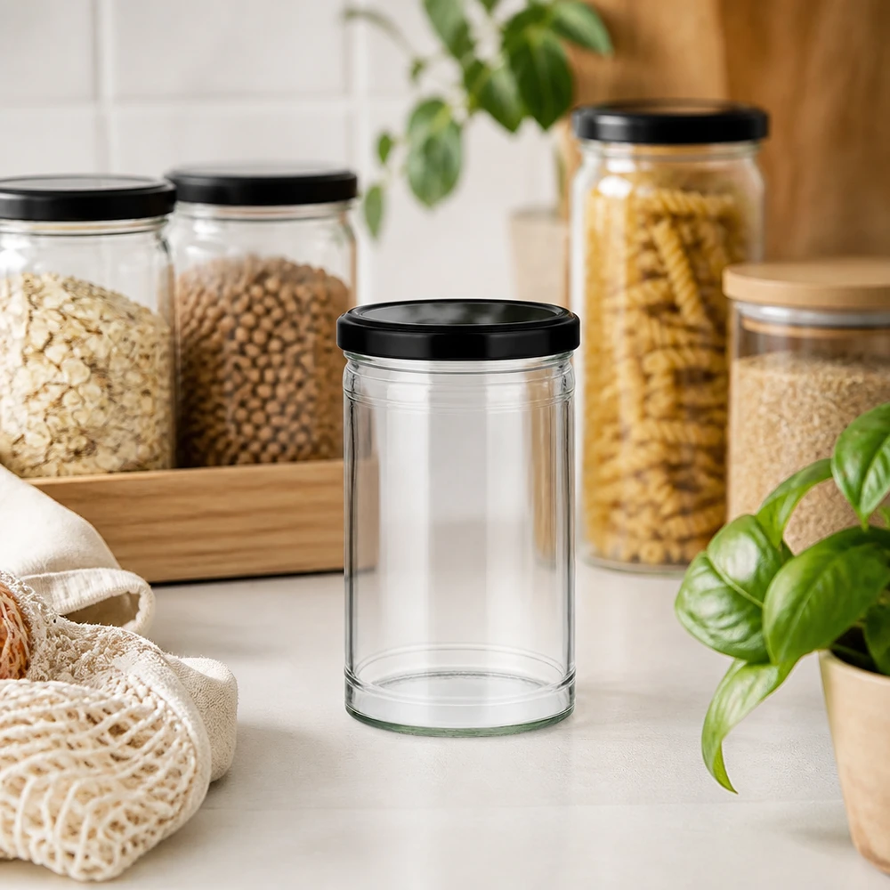 Frasco de vidro vazio de 1053 ml com tampa preta na cozinha de desperdício zero com frascos de arrumação e materiais sustentáveis