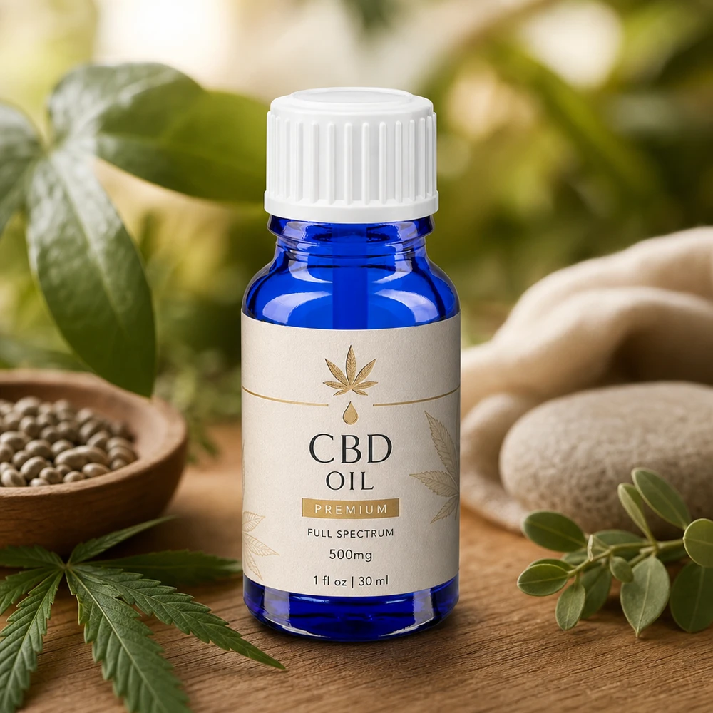 Frasco de farmácia azul de 10 ml com aplicador de pincel branco para uma aplicação uniforme do óleo de CBD