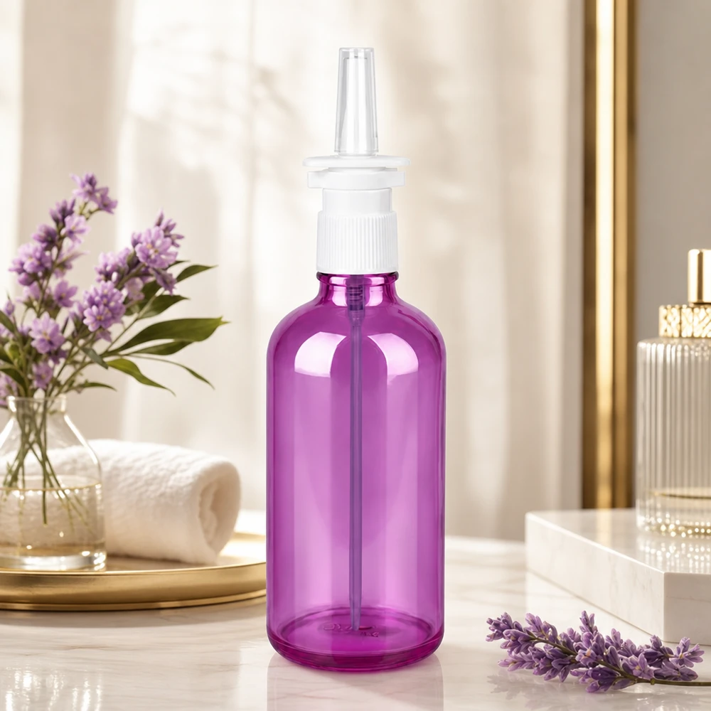 Frasco de spray nasal de 100 ml branco/transparente padrão PurpleLine UT18/100 Frasco de spray transparente de 100 ml em violeta elegante com cabeça de spray precisa para aplicação doseada