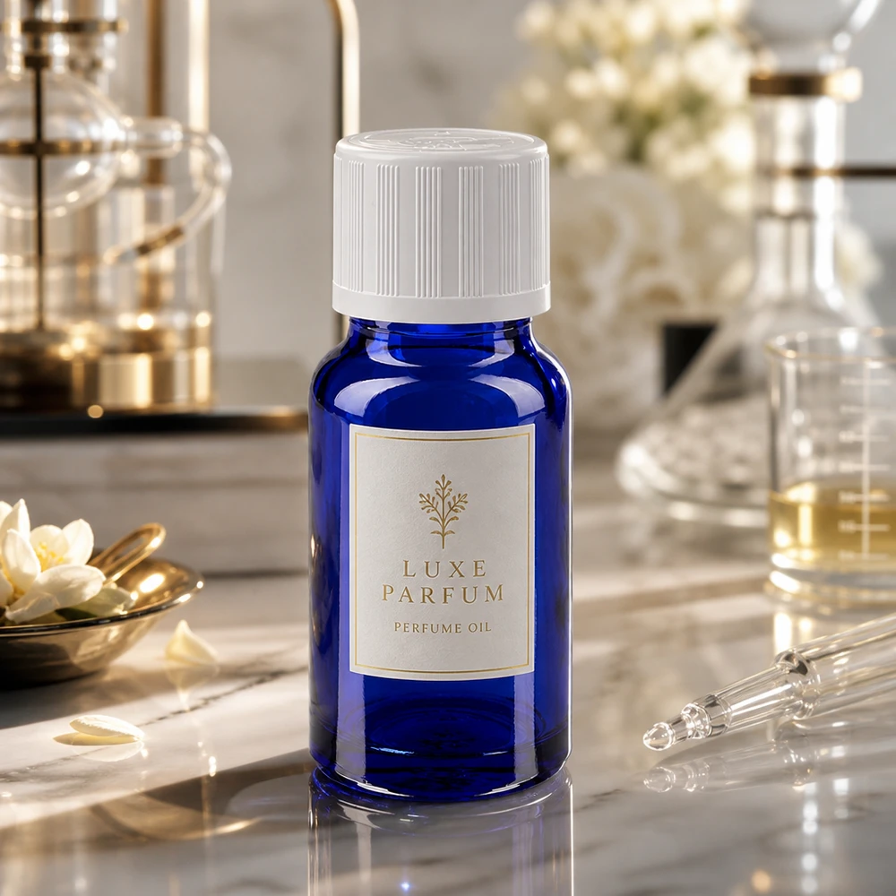 Óleo perfumado Luxe Parfum num frasco conta-gotas azul cobalto de 10 ml com tampa de segurança para crianças branca