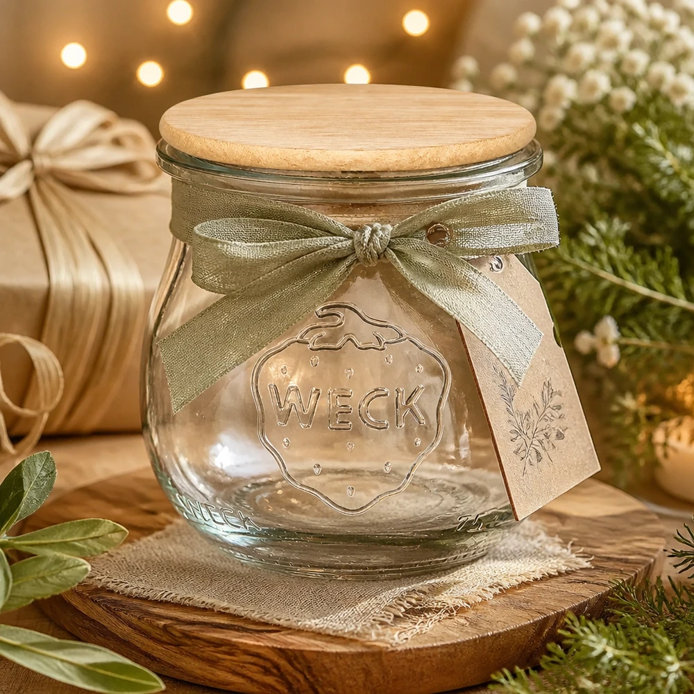 Frasco tulipa de 75 ml WECK RR40 com tampa de madeira WECK Tulpenglas 75ml mit Holzdeckel als Geschenkverpackung dekoriert mit Schleife für Marmelade und Konfitüre