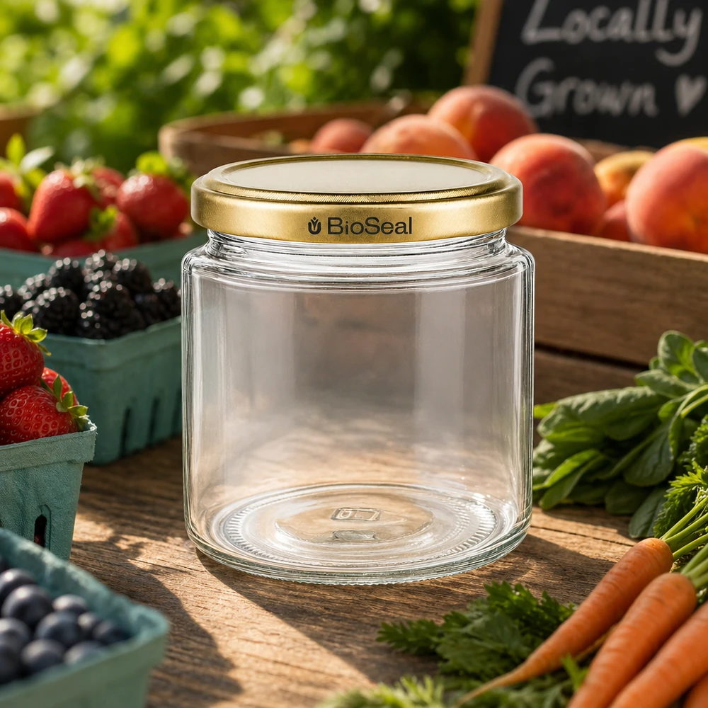 350g Honigglas + BioSeal Deckel gold UNiTWIST Frasco de mel BioSeal de 250 ml numa banca de mercado com frutas e legumes frescos, tampa dourada UNiTWIST para conservação