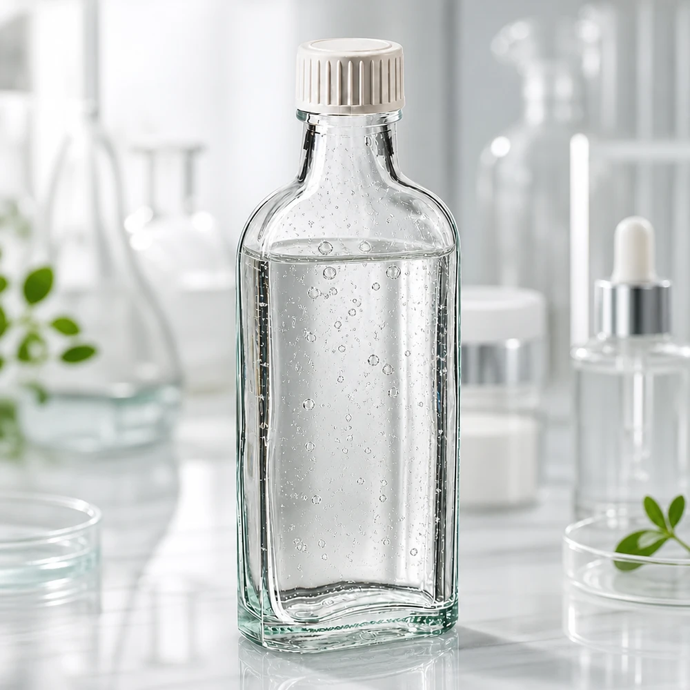 Frasco de laboratório Meplat transparente de 100 ml, com tampa de rosca e inserção de espuma de PE, contra um fundo branco de laboratório