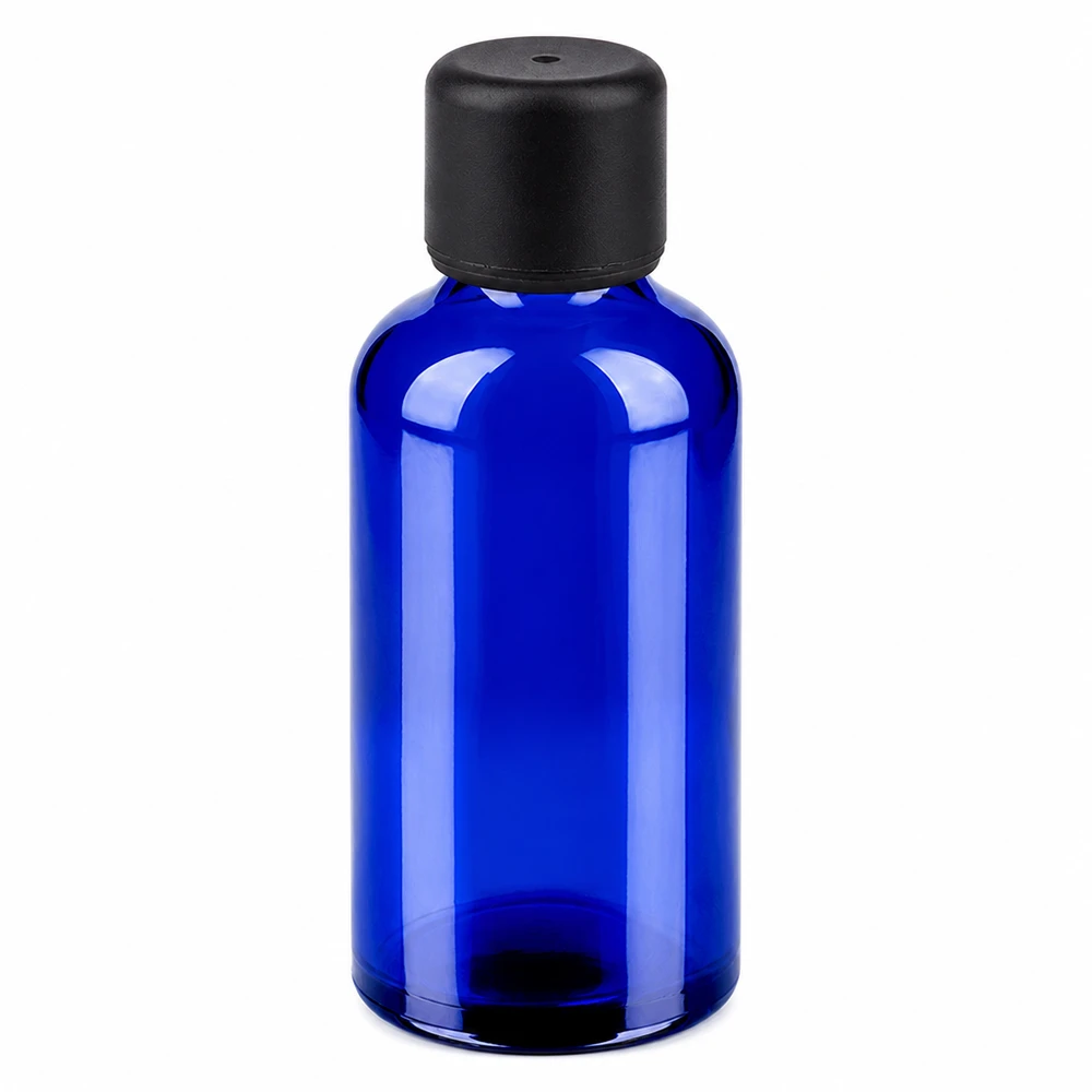 Frasco de vidro azul de 50 ml com tampa preta para óleos essenciais e cosméticos
