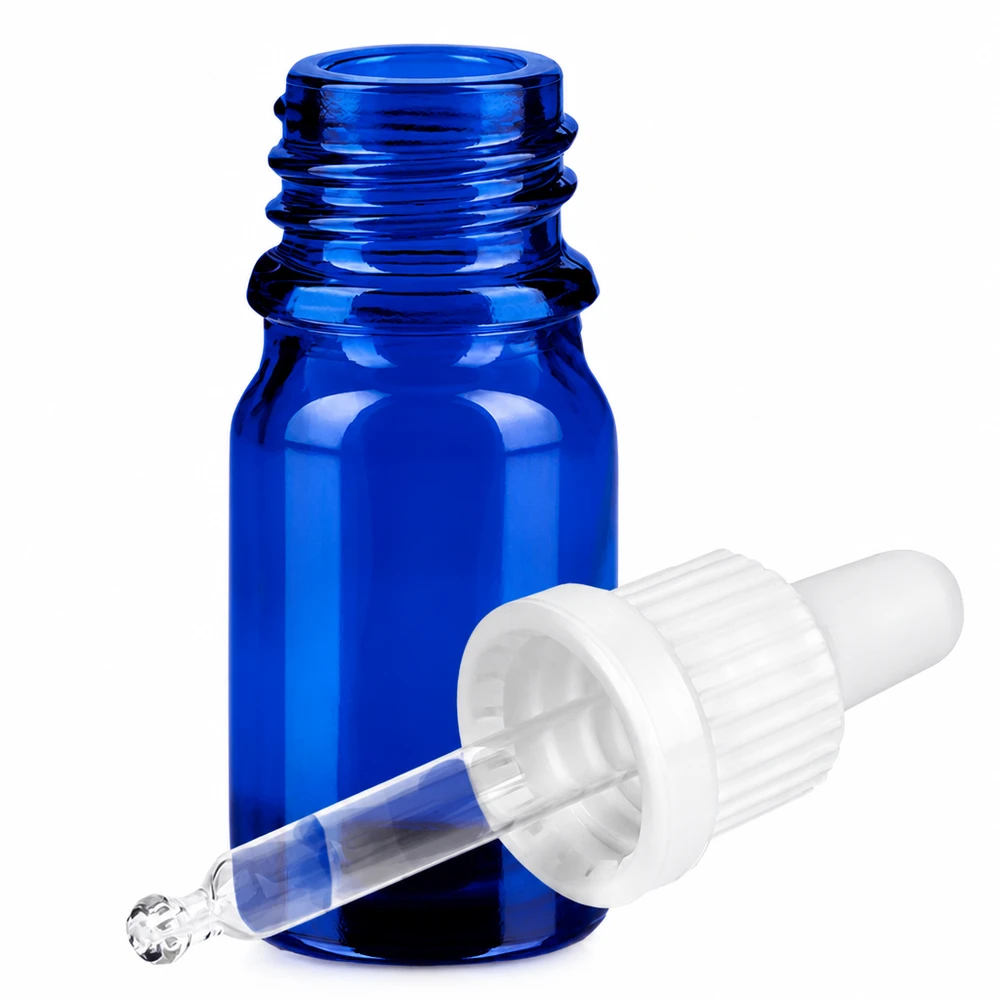 Frasco de vidro azul de 5 ml com pipeta para óleos essenciais e cosméticos