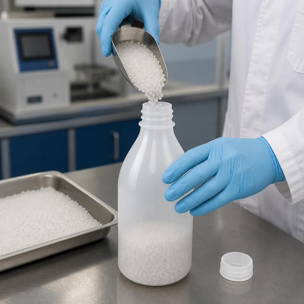 Frascos de gargalo estreito de 100 ml sem tampa, contendo grânulos de plástico brancos, num ambiente de laboratório
