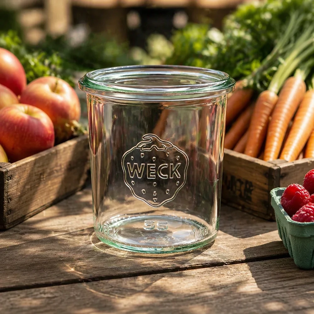 Frasco de conserva WECK RR60 de 140 ml sobre uma mesa de madeira com frutas e legumes frescos em fundo