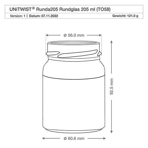 Frasco redondo de 205ml sem tampa (TO58) UNiTWIST Desenho técnico UNiTWIST Runda205 vidro redondo 205ml TO58 com dimensões Diâmetro 56mm Altura 92,5mm Peso 121g