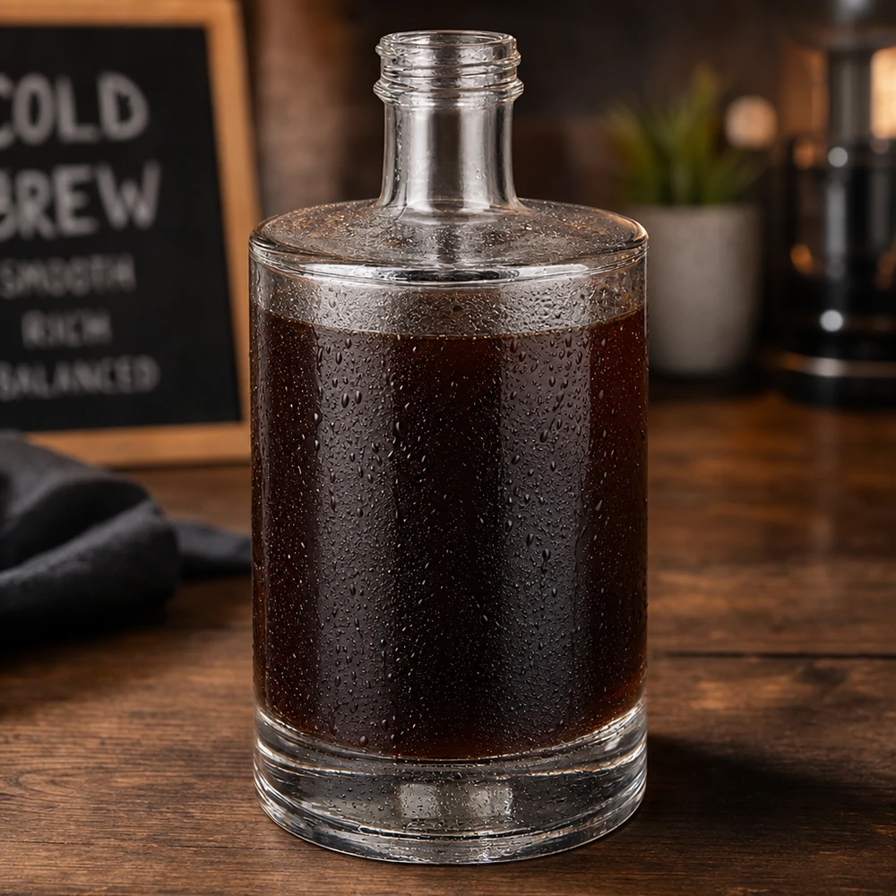 500ml Glasflasche "Sam" ohne Schraubverschluss UNiTWIST Garrafa de vidro de 500 ml Sam cheia de gotas de água de condensação de café frio ambiente de café base de madeira