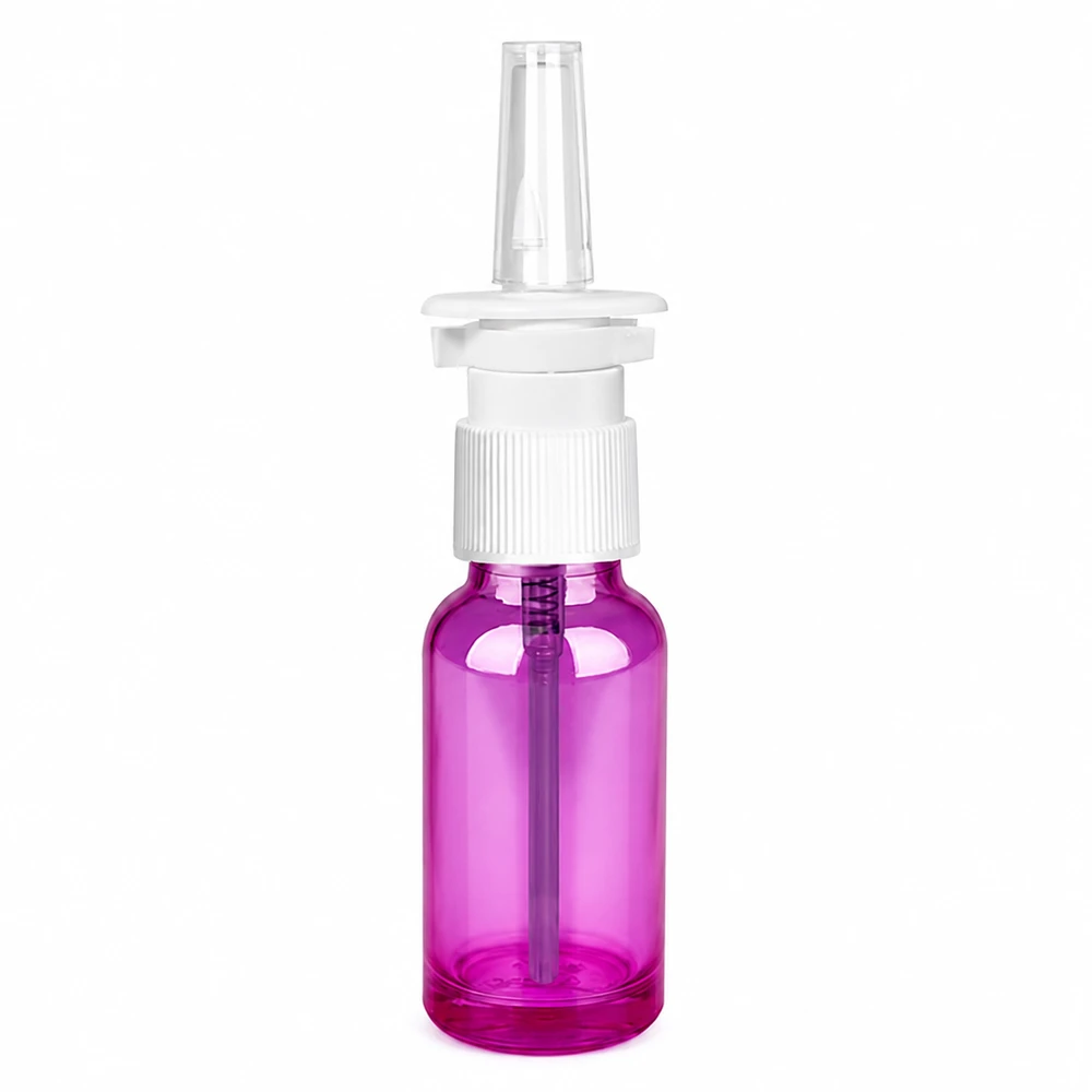 Frasco de spray nasal de 20ml branco/transparente padrão PurpleLine. UT18/20 Frasco de spray nasal de 20 ml com cabeça de spray transparente de cor púrpura para aplicações nasais