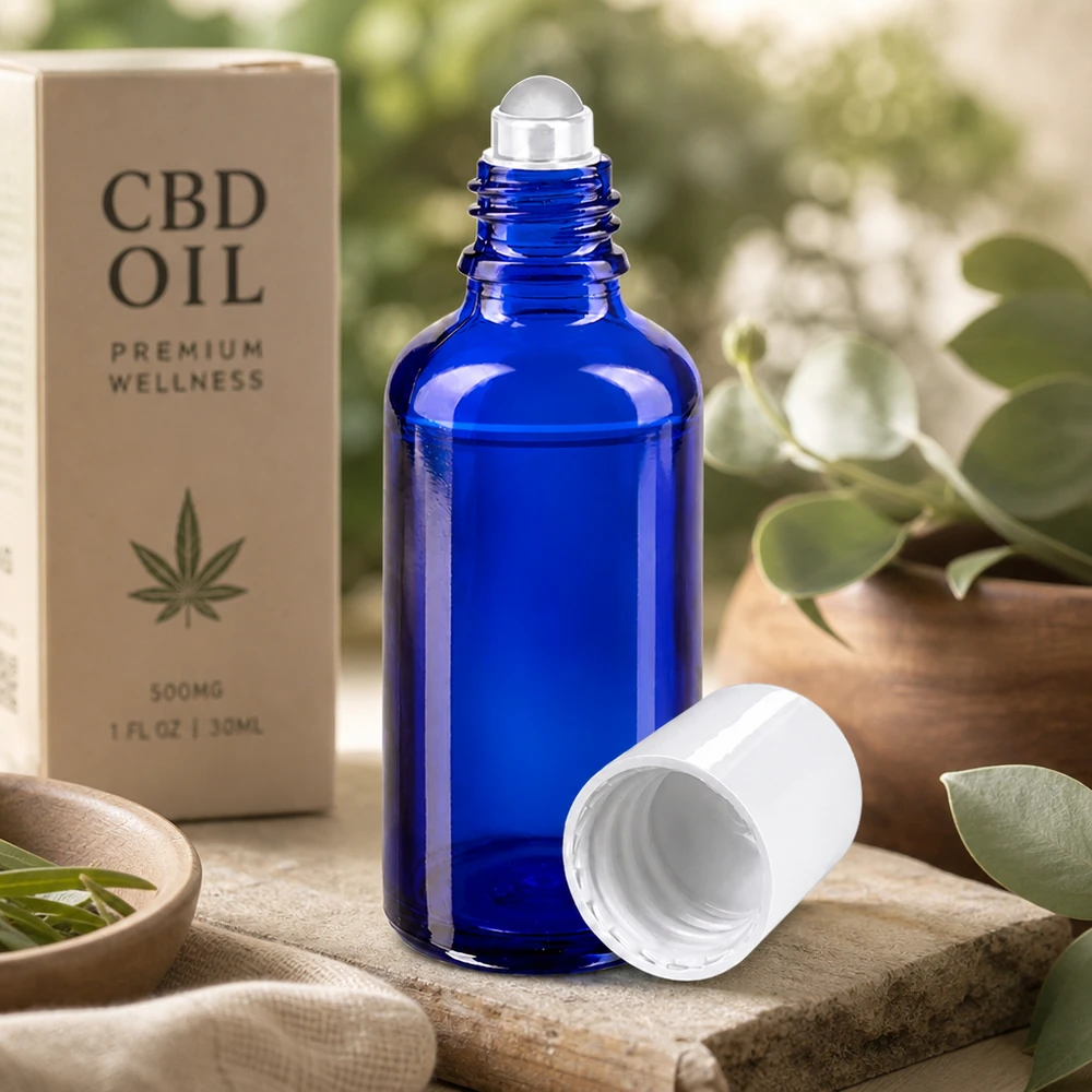 Frasco de farmácia azul de 50 ml com aplicador de rolo, ideal para óleo de CBD, sérum e produtos de cuidados corporais