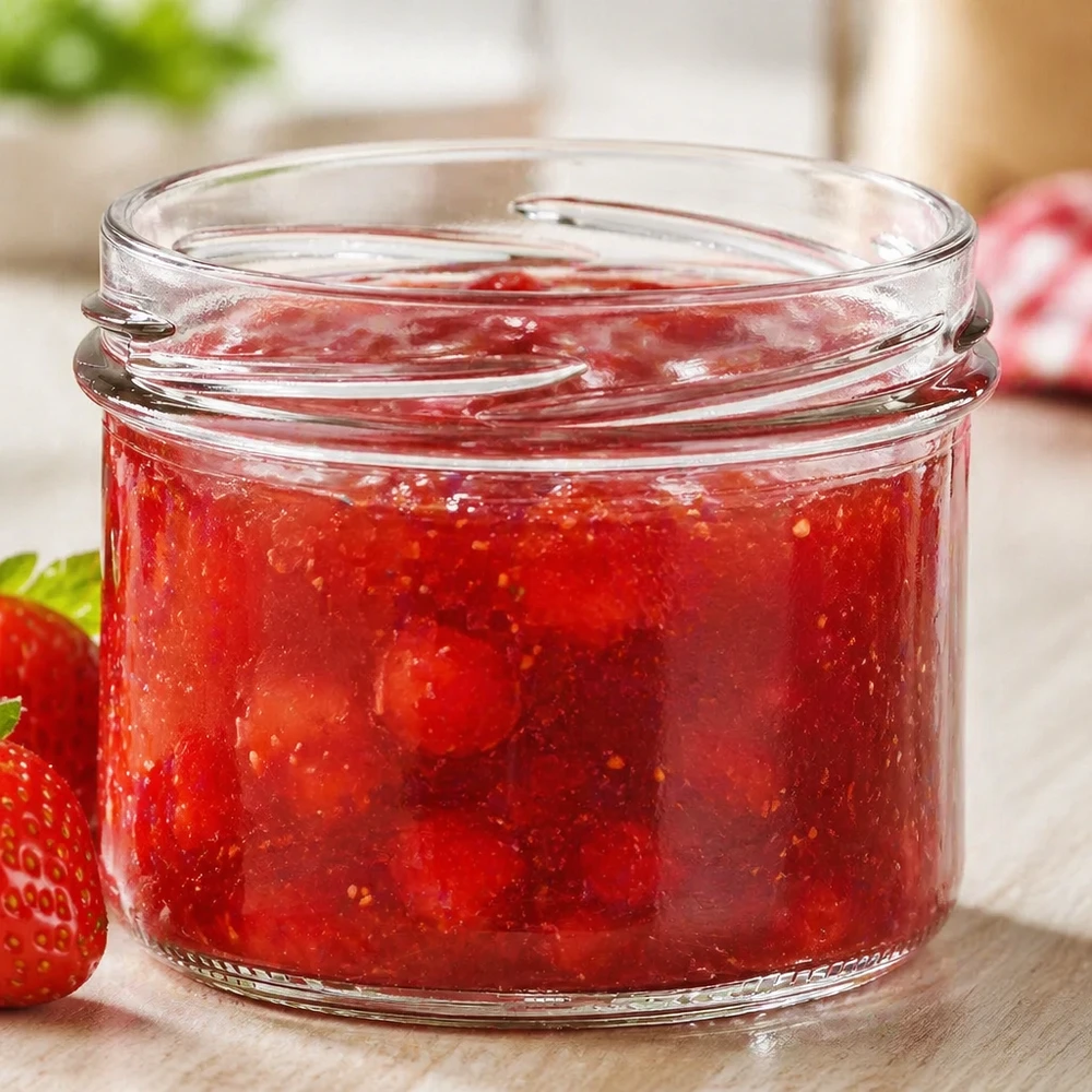 UNiTWIST Sturz225 copos de 225 ml TO82 cheios de compota de morango vermelho numa mesa de madeira com morangos frescos