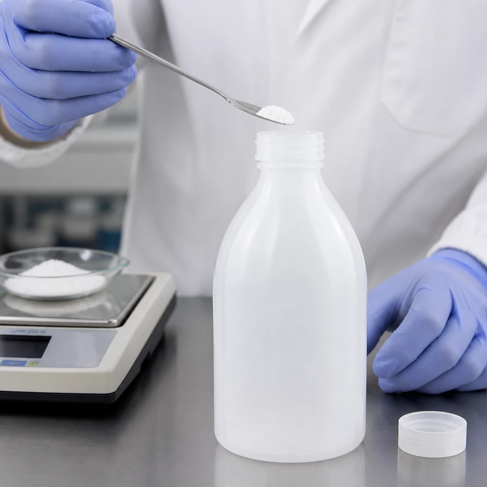 500ml Laborflasche Enghals neben Analysenwaage mit weißem Pulver auf Petrischale