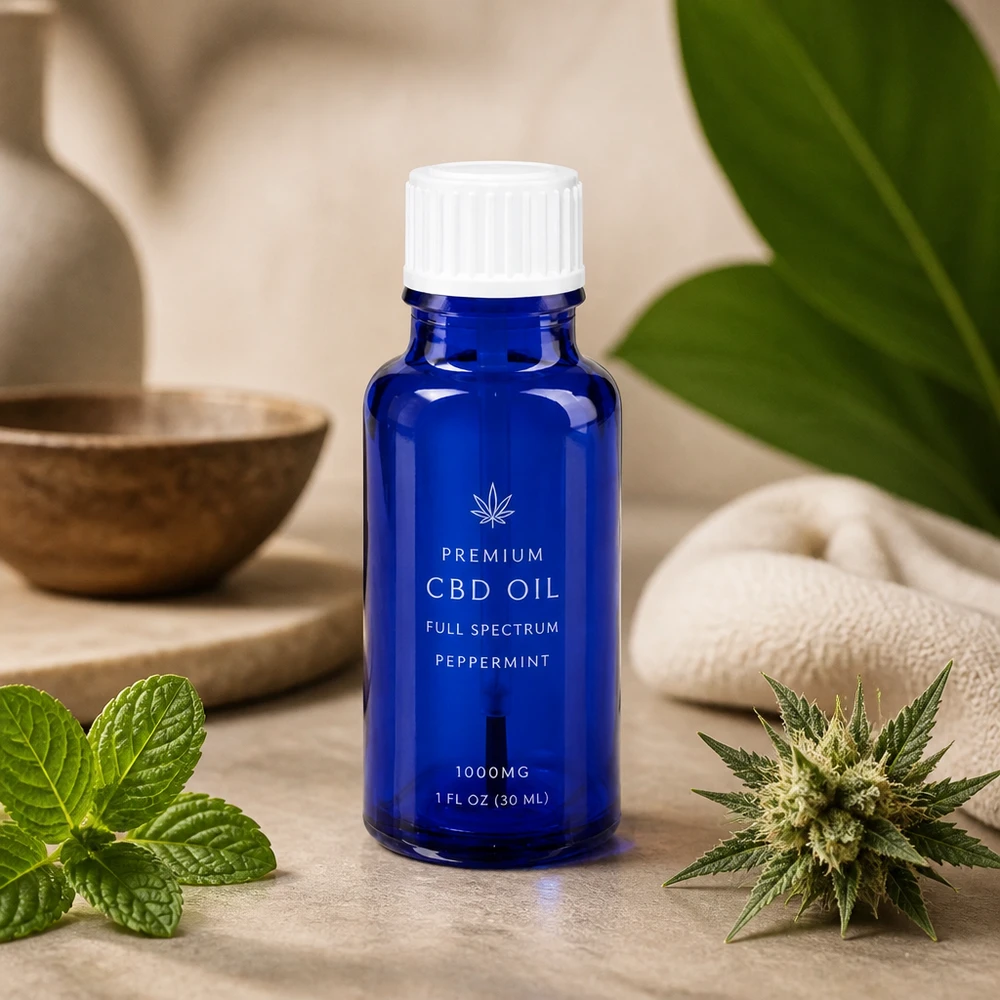Frasco pequeno com pincel, 20 ml, vidro azul STD, tampa branca decorada com uma planta de hortelã-pimenta