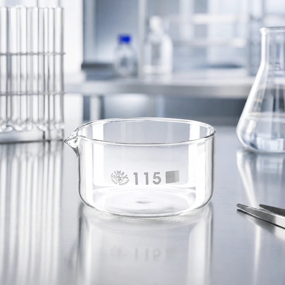 Prato de cristalização de 500ml com bico em borosilicato ø115mm Bacia de cristalização SIMAX de 500 ml em vidro borossilicato, sobre mesa de aço inoxidável num laboratório profissional, ø 115 mm