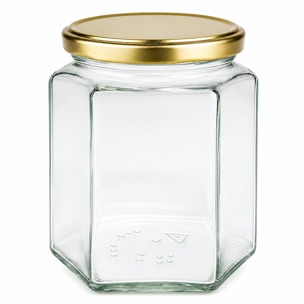 Frasco de mel de 500 g com tampa dourada BasicSeal UT hexagonal vazio transparente para apicultura