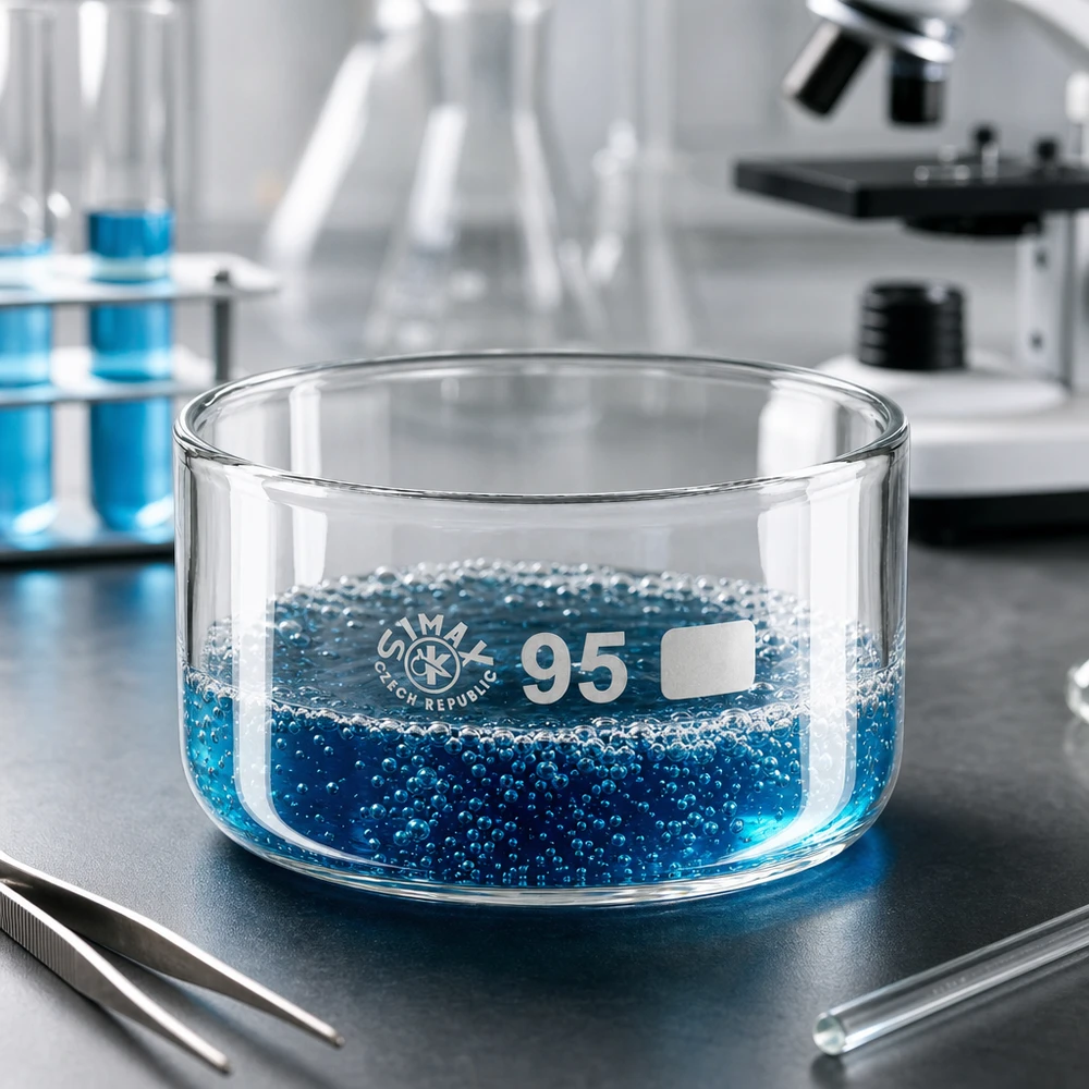 300ml Kristallisierschale ohne Ausguss Borosilikat ø95mm Bandeja de cristalização Simax de 300 ml, solução azul com esferas, montagem de laboratório, microscópio, pinça
